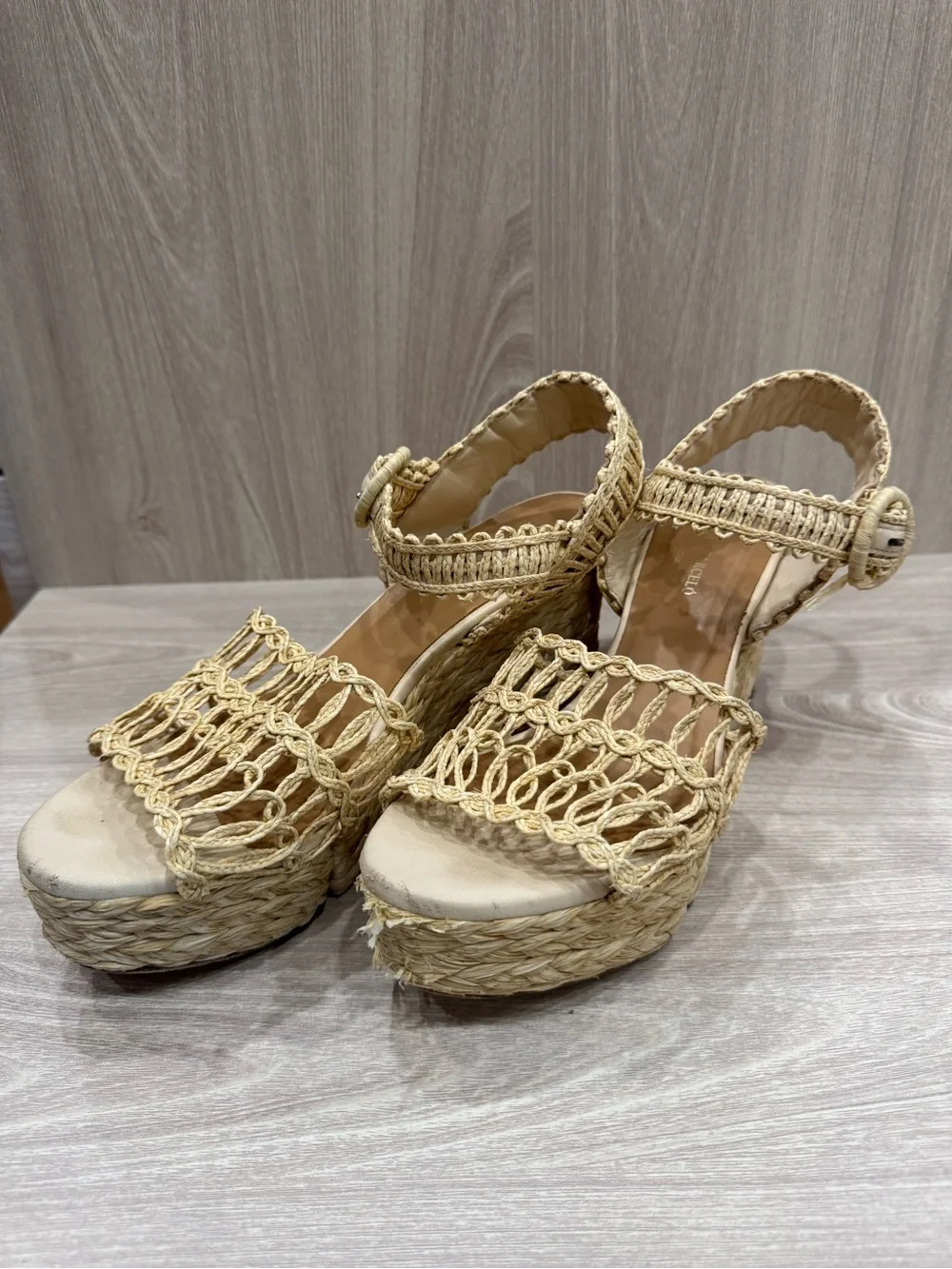 Paloma Barcelo Beige Woven Espadrille Wedge Sandals